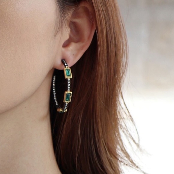 ALEXIS BITTAR• New Elements Teal Green Baguette Stone Crystal Hoop Post Earrings - Picture 5 of 9